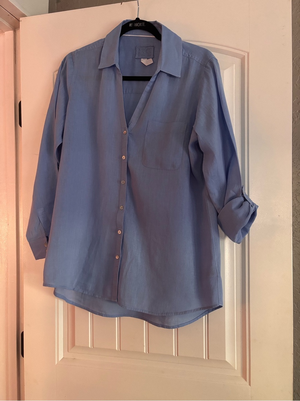 Sigrid Olsen Blue Button Front Shirt SZ M Relaxed Coastal 100% Linen Button Down